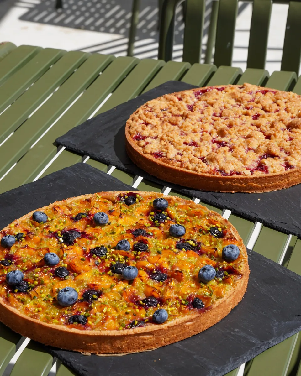 Deux tartes aux fruits sur ardoise